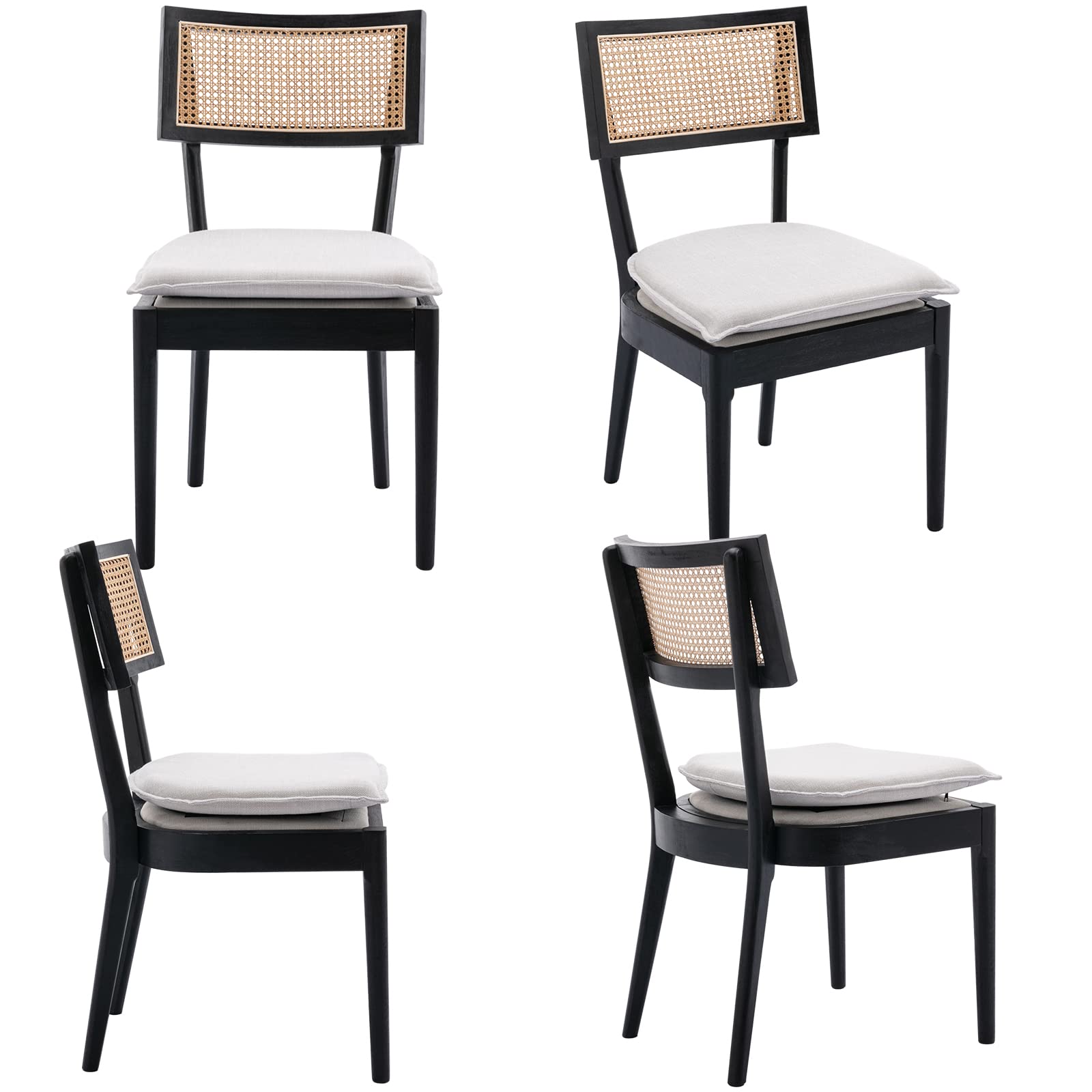 ZH4YOU Black Rattan Dining Chairs Set of 2, Farmhouse Kitchen Chairs with Cane Back, French Country Cane Chairs Retro Side Chairs with Wood Legs for Dining Room/Living Room/Restaurant, Black - WoodArtSupply