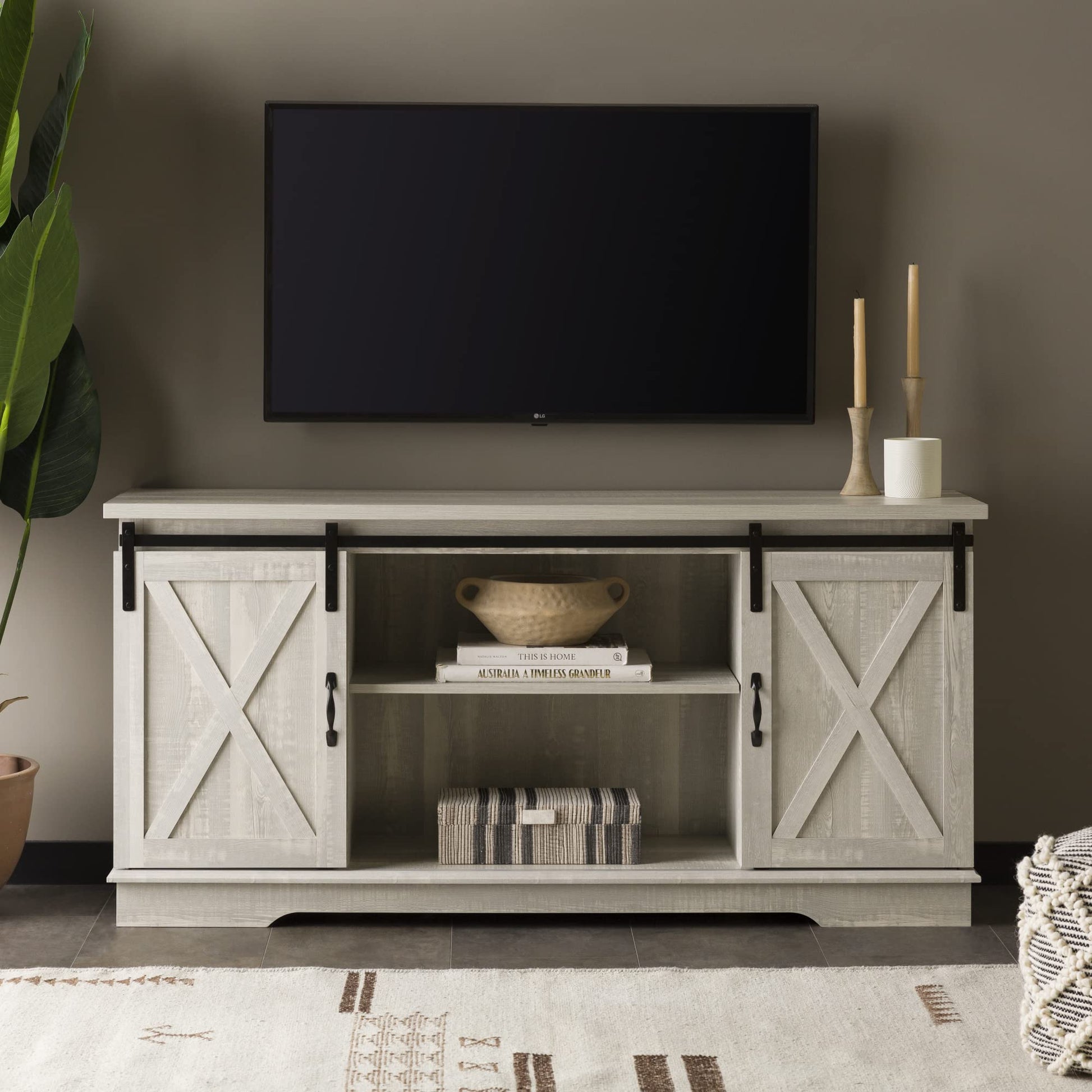 Walker Edison Richmond Modern Farmhouse Sliding Barn Door TV Stand for TVs up to 65 Inches, 58 Inch, Stone Grey - WoodArtSupply