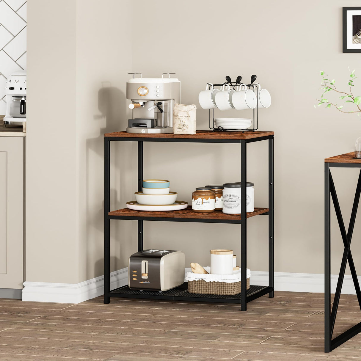 Homleke Kitchen Island with 3 Shelves, Kitchen Shelf with Large Workstation, Bakers Rack, Workbench, Metal Frame, Rustic Brown and Black Homleke