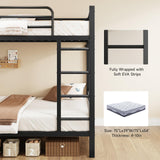 Bunk Bed Twin Over Twin, Metal Bunk Beds with Power Outlets & Desk, Heavy-Duty Bunkbeds Frame with Safety Guardrail & Ladders, Upper Bed with Storage Rack, No Box Spring Needed, for Juniors, Black ONBRILL