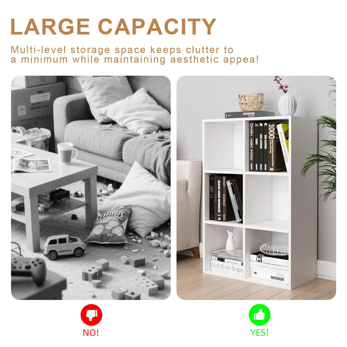 Chyanmoo White Bookshelf 6-Cube Storage Organizer | Open Cubby Shelving Unit with Extra Thick Edges - Space-Saving Wooden Shelf for Home Office & Display Storage Chyanmoo