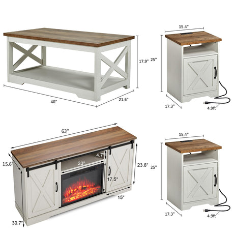 AMERLIFE 5-Piece Farmhouse Table Set Includes Fireplace TV Stand, Coffee Table& Two End Tables with Charging Station and USB Ports, for Living Room, Distressed White, 63" AMERLIFE