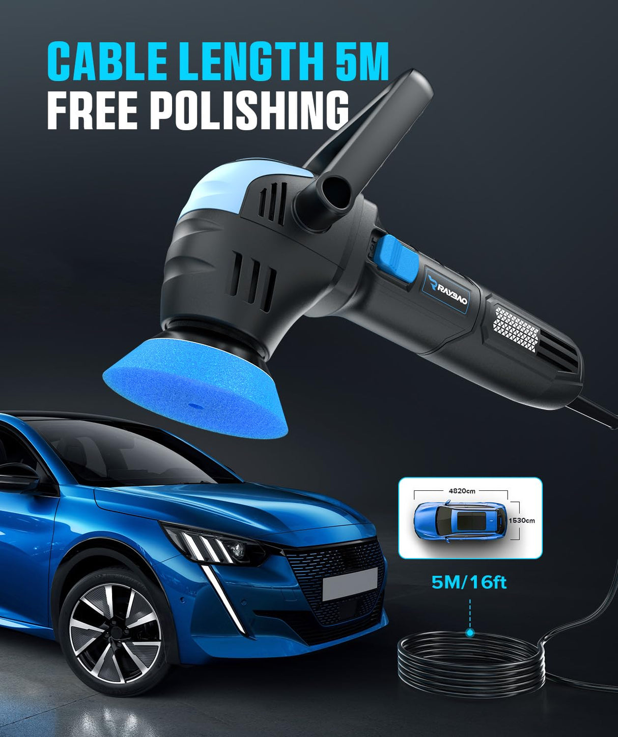 Mini Polisher, 2inch/ 3inch 750W Car Buffer Polisher with 12mm Random Orbital-Improve Work Efficiency by 35%, with 16pcs Trapezoidal Polisher Pads &16.4 ft Cord, Polisher for Car Detailing and Waxing RAYBAO