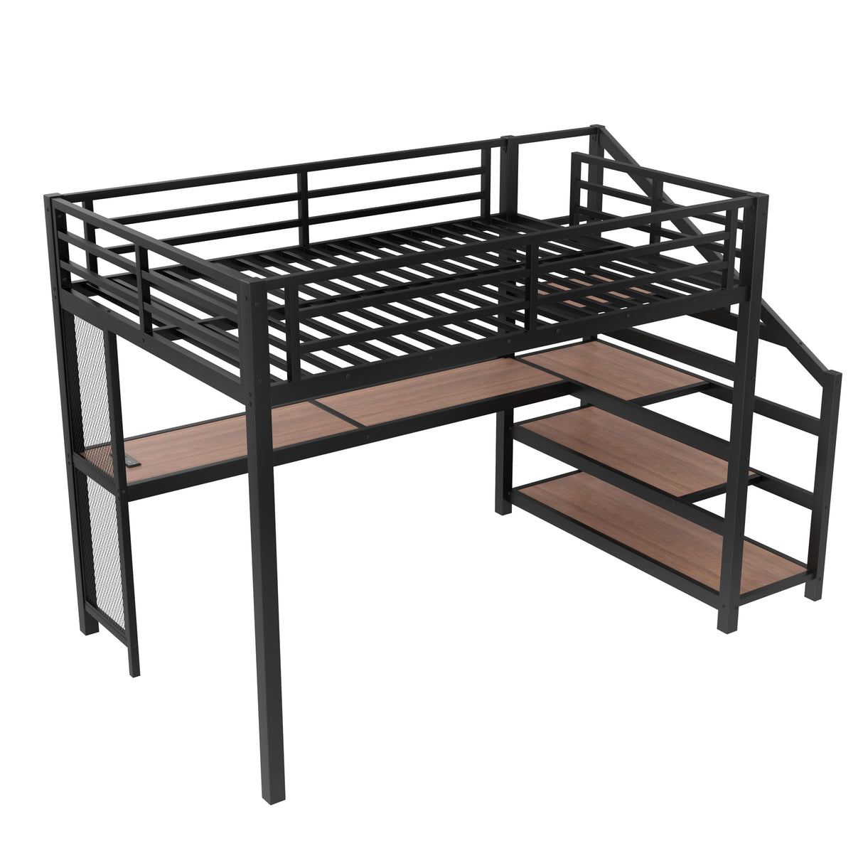 Metal Full Size Loft Bed with Desk and Storage Stairs,Heavy Duty Loft Bed Frame Full Size with LED Lights and Charging Station for Kids,Teens,Adults,Black Bellemave
