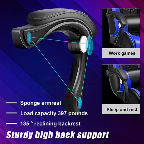 Gaming Chair with Speakers, Gamer Chair with Massage Height Adjustable, Ergonomic Office Computer Gaming Chair with Bluetooth-Compatible and RGB LED Lights for Adults Women Men (Blue) TOLUON
