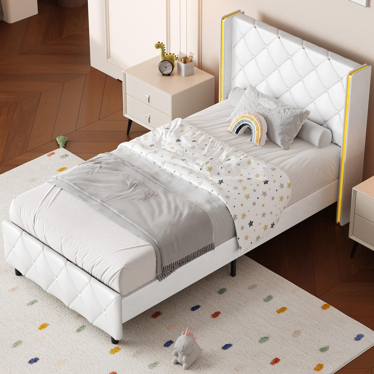 Twin Bed Frames with Headboard, Bed Frame Twin with Diamond Tufted Design, Upholstered Platform Bed with Wingback, No Box Spring Needed, Easy Assembly, White HOMBCK