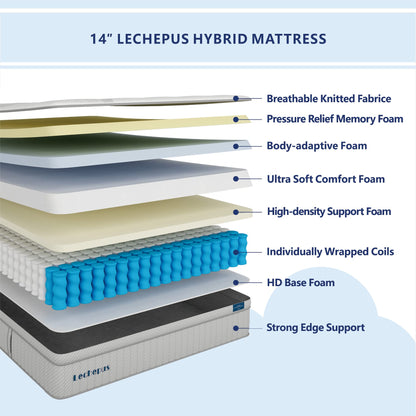 Cal King Mattress,Lechepus 14 Inch Hybrid Memory Foam Mattresses with Individual Pocket Springs,Mattress in Box,Plush Comfortable Mattress for Cool Sleep & Back Pain Relief,CertiPUR-US Certified