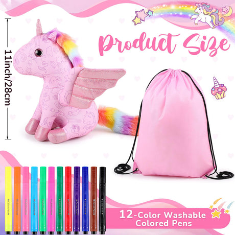 Realspring 11" Coloring Unicorn Plush Toy with 12 Washable Marker for Little Girl DIY Coloring Unicorn Stuffed Animal Toy Soft Doodle Doll Art and Craft Painting for Kid Back to School Birthday Gift Realspring