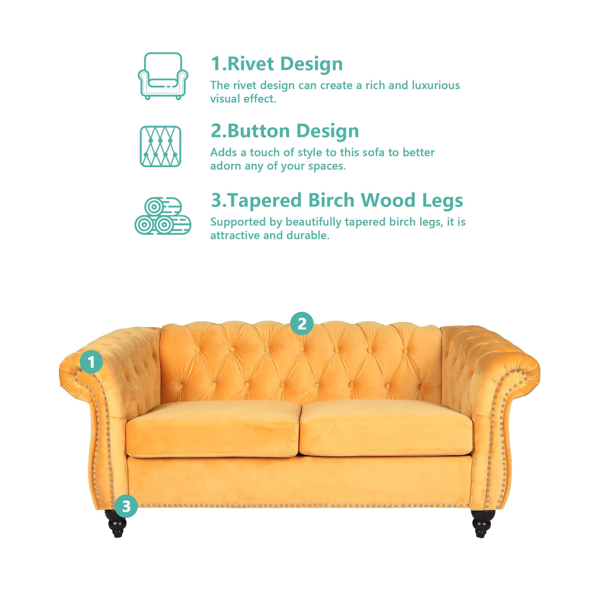 QHITTY Accent Sofa, Chesterfield Loveseat Modern Velvet Couch Upholstered Sofa with Tufted Back for Living Room Furniture (Mango) QHITTY