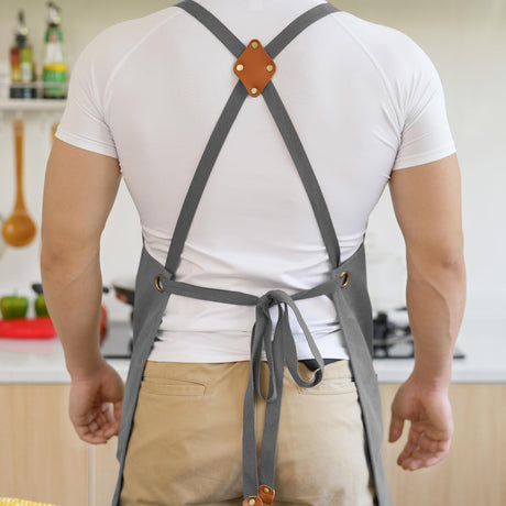 Aoomzoon Canvas Aprons for Men Chef Apron, Work Apron with Large Pockets - Durable 16oz Heavy Duty Cross Back, BBQ, Cooking (Gray, 1 Pack) Aoomzoon