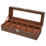 Ohuhu Watch Case, Watch Organizer for Men Wood Grain PU Leather - 6 Slot Watch Holder Real Glass Lid Jewelry Organizer Storage Soft Velvet Watch Display Case for Women Men Birthday Fathers Day Ohuhu