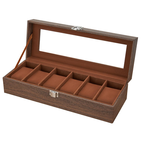 Ohuhu Watch Case, Watch Organizer for Men Wood Grain PU Leather - 6 Slot Watch Holder Real Glass Lid Jewelry Organizer Storage Soft Velvet Watch Display Case for Women Men Birthday Fathers Day Ohuhu