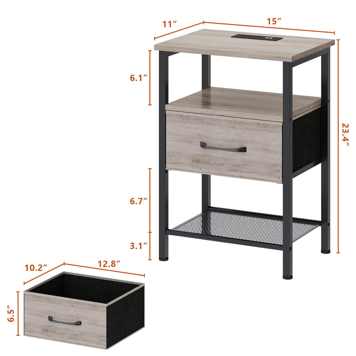 TRIFEBLE Night Stand Set 2, End Table with Charging Station, LED Bedside Table with Fabric Drawer for Bedroom, 3-Tier Side Table with Open Shelf, Greige TRIFEBLE