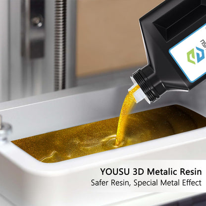 YOUSU 3D Printer Metallic Resin,Fast Curing 3D Metal Printing Bronze Resin 1KG, Magical Metallic Effect Photopolymer Brass Color Resin for LCD DLP 3D Printing (1000g,Metal Gold)