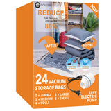 24 Pack Vacuum Storage Bags with Electric Pump, (5 Jumbo, 5 Large, 5 Medium, 5 Small, 4 Roll Up Bags) Space Saver Bag for Clothes, Mattress, Blanket, Duvets, Pillows, Comforters,Travel GONGSHI