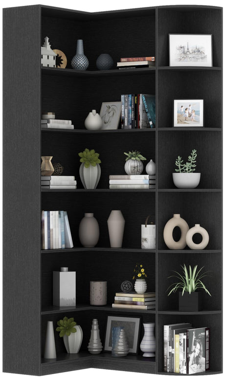 Loomie Black Book Shelf, 6 Tiers Shelf Large Tall Corner Etagere Bookcase with Full Baffle, L-Shaped Modern Storage Display Industrial Bookshelves for Bedroom, Home Office, Living Room & Kitchen,Black Loomie