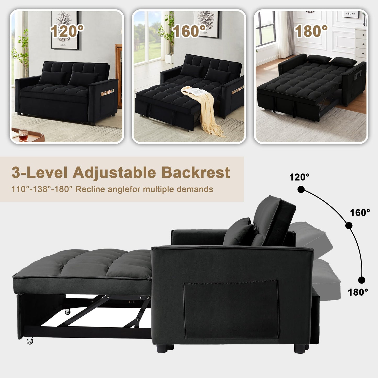 SumKea Pull Out Couch Bed Sleeper Sofa, Velvet 3-in-1 loveseat Sofa Bed with Pull-Out Bed, Two Throw Pillows, Balck