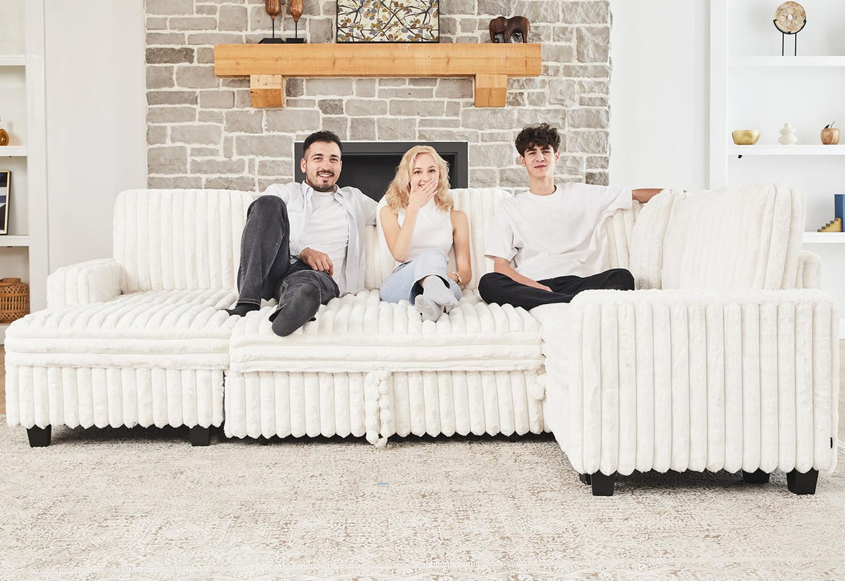 Belffin Corduroy Sleeper Sofa Bed with Storage Chaise Modular Sectional Sofa Couch with Pull Out Bed L Shaped Sectional Couches for Living Room White Couch Belffin