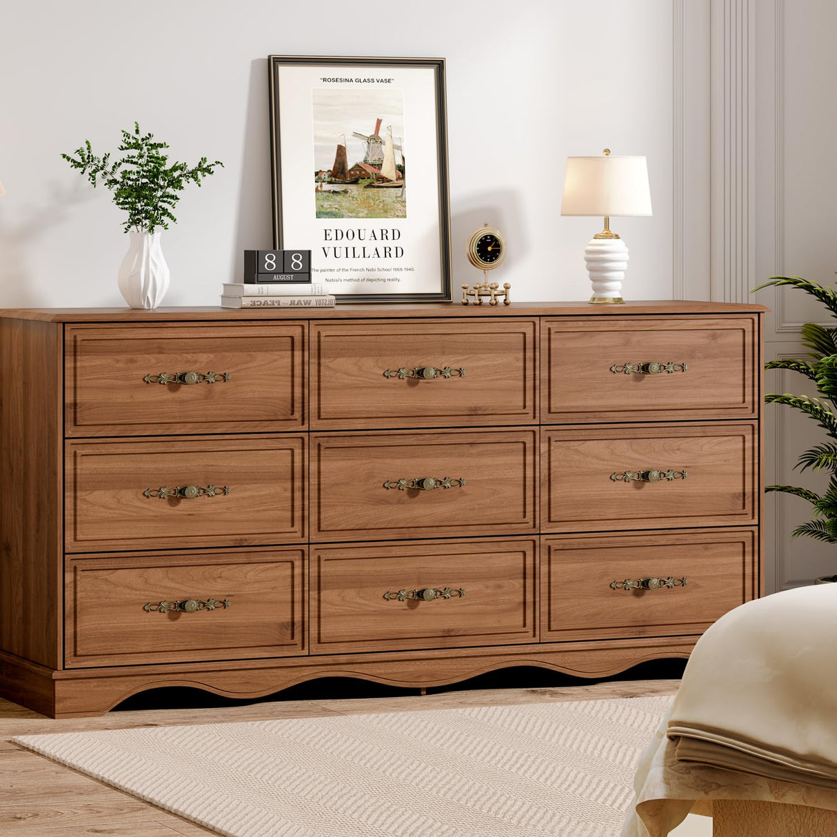 Chrangmay Dresser for Bedroom with 9 Drawers,63" Wide Modern Chest of Drawers with Metal Handle,Wooden Dresser TV Stand,Wood Closet Clothes Storage Organizer for Living Room,Hallway,Umber Chrangmay