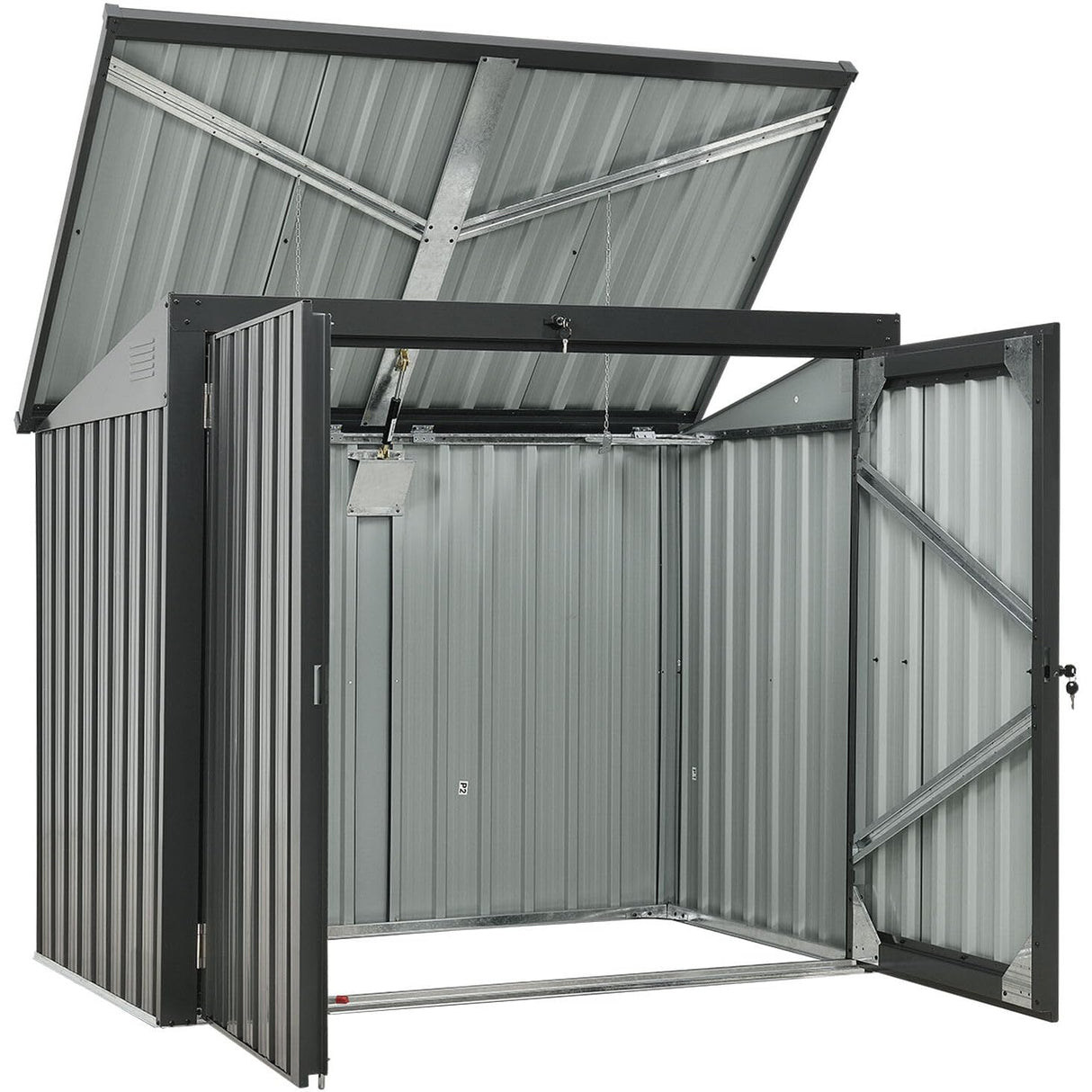 Hanover Outdoor Storage Shed for Trash and Recyclables, Pent Roof, Galvanized Steel, 2-Point Locking System, Stores 2 Trash Cans, 3.3-Ft. x 5.2-Ft. x 4.4-Ft., Dark Gray Trash Can Storage Hanover