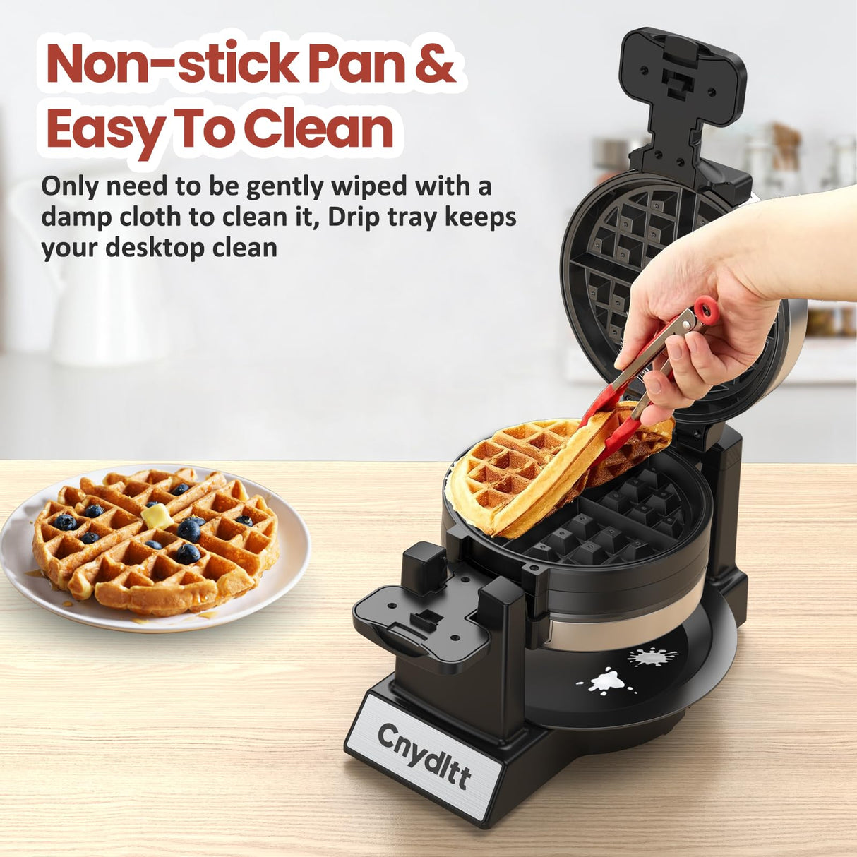 Cnydltt Double Waffle Maker, 1400W Rotating Belgian Waffle Iron with Nonstick Plates, 180° Flip, 8-Slice, Removable Drip Tray, Locking Lid & Cool Touch Handles, Stainless, Black Cnydltt