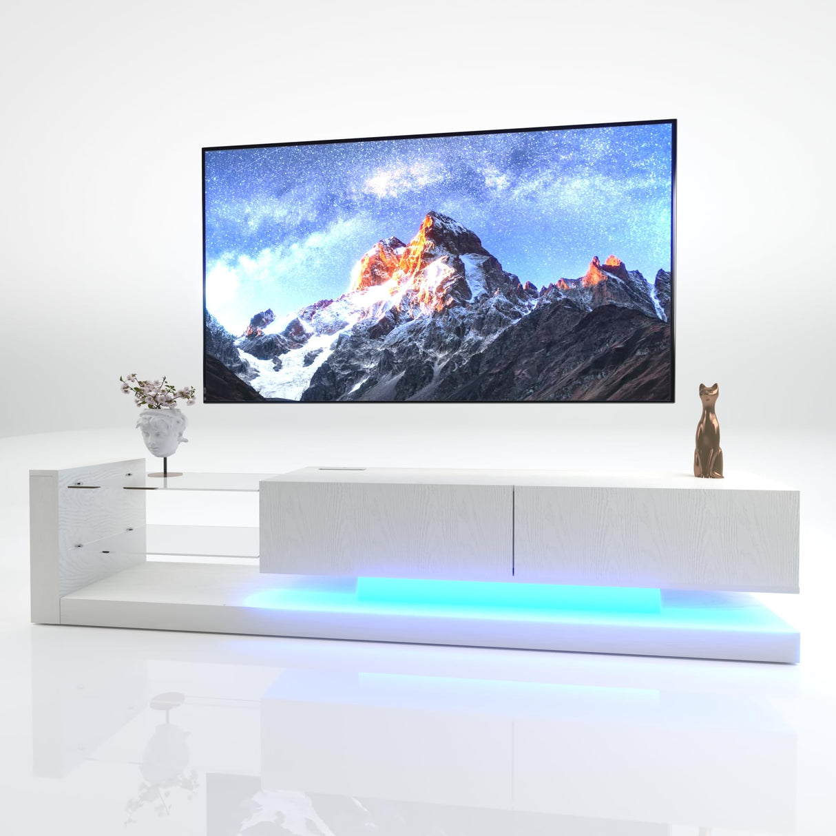 YESER Modern LED TV Stand for 55/65/75 Inch TV, Entertainment Center Console Table with 31 Modes Changing Lights, Media Console with Glass Shelves and Doors for Living Room Bedroom, White YESER