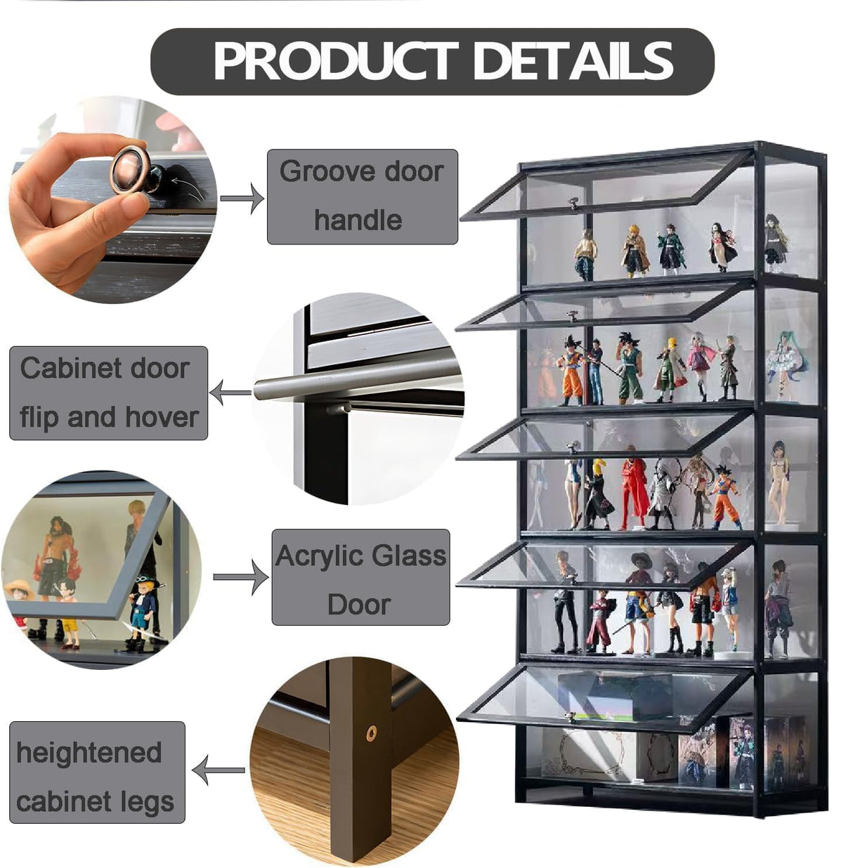 qeknxks Display Cabinet with Acrylic Doors, 5-Tier Bamboo Curio Display Cabinet, Display Cases for Figurine, Toy Organizers Rack & Display Shelf, Kids Bookcase for Home Office, Playroom, Living Room qeknxks