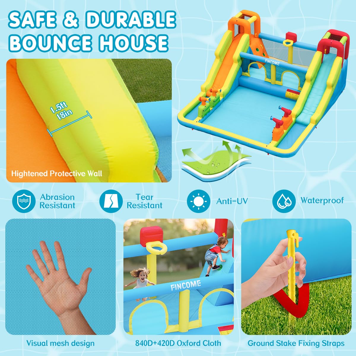 FINCOME Inflatable Bounce House for Kids, Water Bounce House with Double Slides Outdoor Indoor, Jumping Bouncy Castle with Air Blower for Park Backyard Party Birthday (with 750W Blower) FINCOME