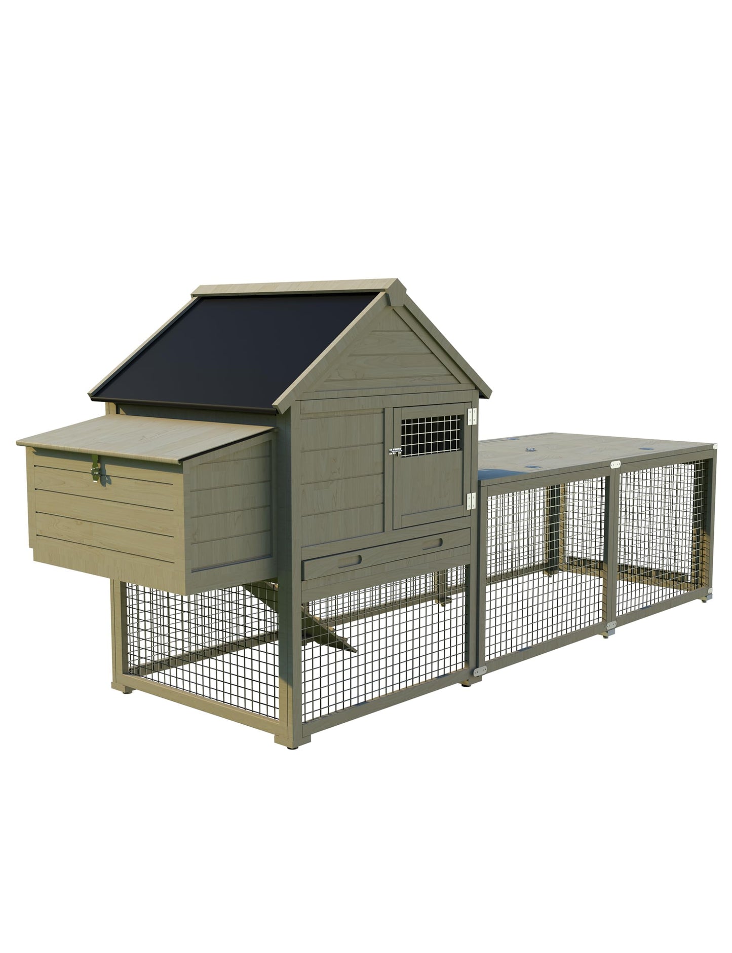 Wooden Chicken Coop, 106" Outdoor Hen House with Run, Waterproof Roof, Nesting Box, Pull-Out Trays & Ramp，Backyard Poultry Cage for Chickens, Ducks, and Rabbits, Lightwood