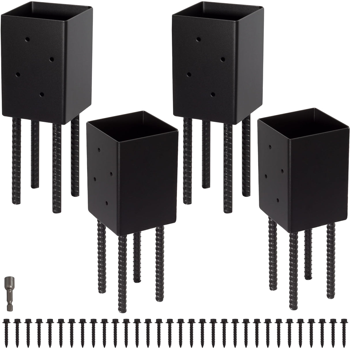 LADECH 4x4 Post Base Holder Ground Spike Use for Concrete Deck - Post Anchor Brackets Metal Black Powder Coated 4 Inches x 4 Inches (Inner Dia 3.5x3.5) 4 Pack LADECH