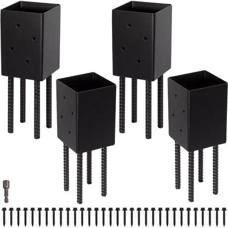 LADECH 4x4 Post Base Holder Ground Spike Use for Concrete Deck - Post Anchor Brackets Metal Black Powder Coated 4 Inches x 4 Inches (Inner Dia 3.5x3.5) 4 Pack LADECH