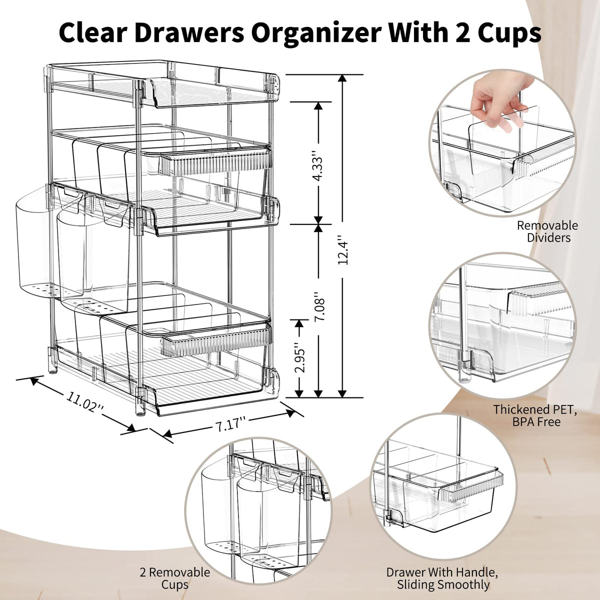 Clear Bathroom Organizers 2 Sets 3 Tier, Pull Out Organizer and Storage with 2 Cups, Slide Out Drawer Storage Container with 6 Dividers, Multi-Purpose Bathroom Organizer, Kitchen Under Sink Organizer WAKISA