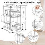 Clear Bathroom Organizers 2 Sets 3 Tier, Pull Out Organizer and Storage with 2 Cups, Slide Out Drawer Storage Container with 6 Dividers, Multi-Purpose Bathroom Organizer, Kitchen Under Sink Organizer WAKISA