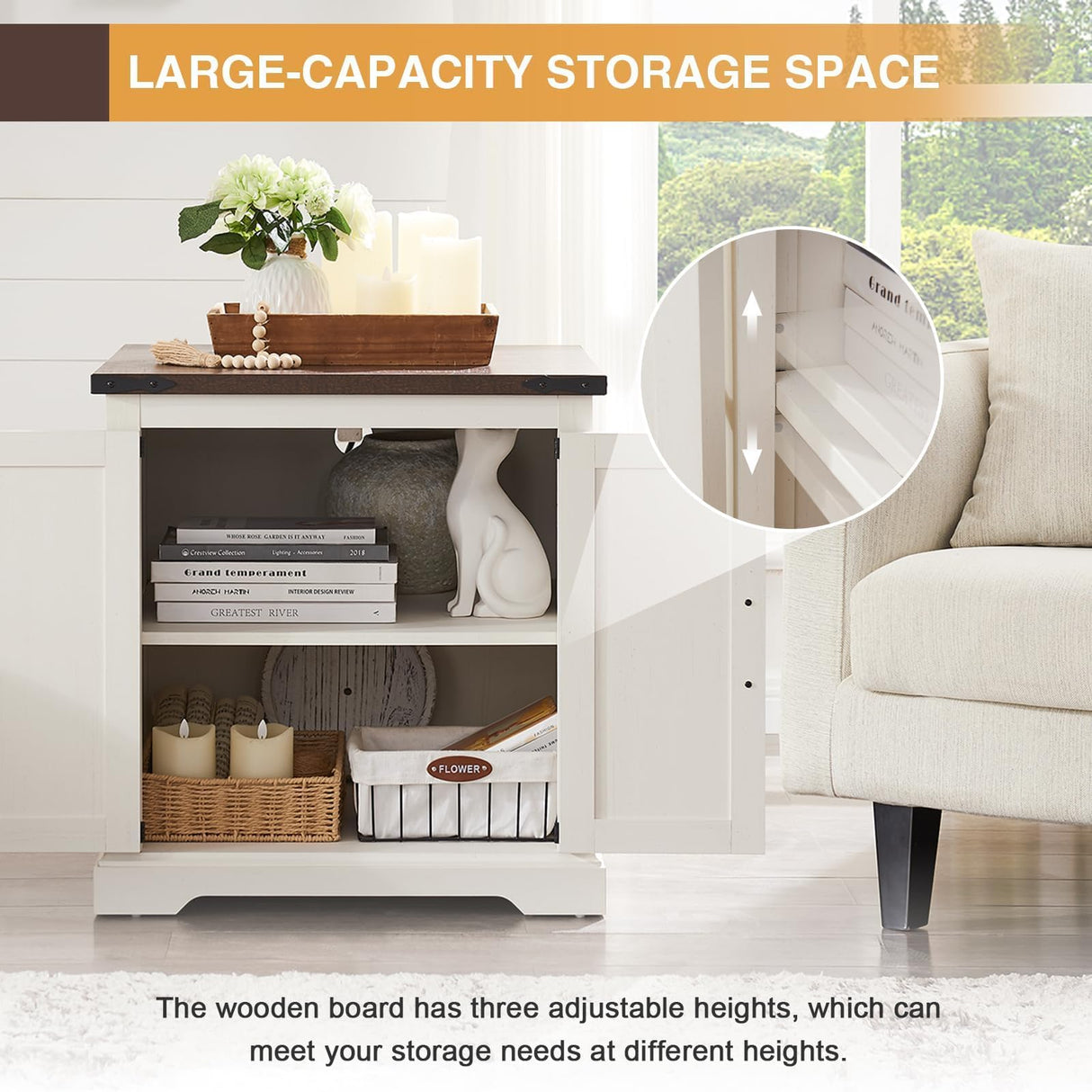 Barnyatoh Farmhouse End Table with Charging Station,24" Large Side Table with Barn Door, Rustic Wood Square Nightstand Bedside Table with Adjustable Shelf for Living Room, Bedroom,Antique White 2-Pack Barnyatoh