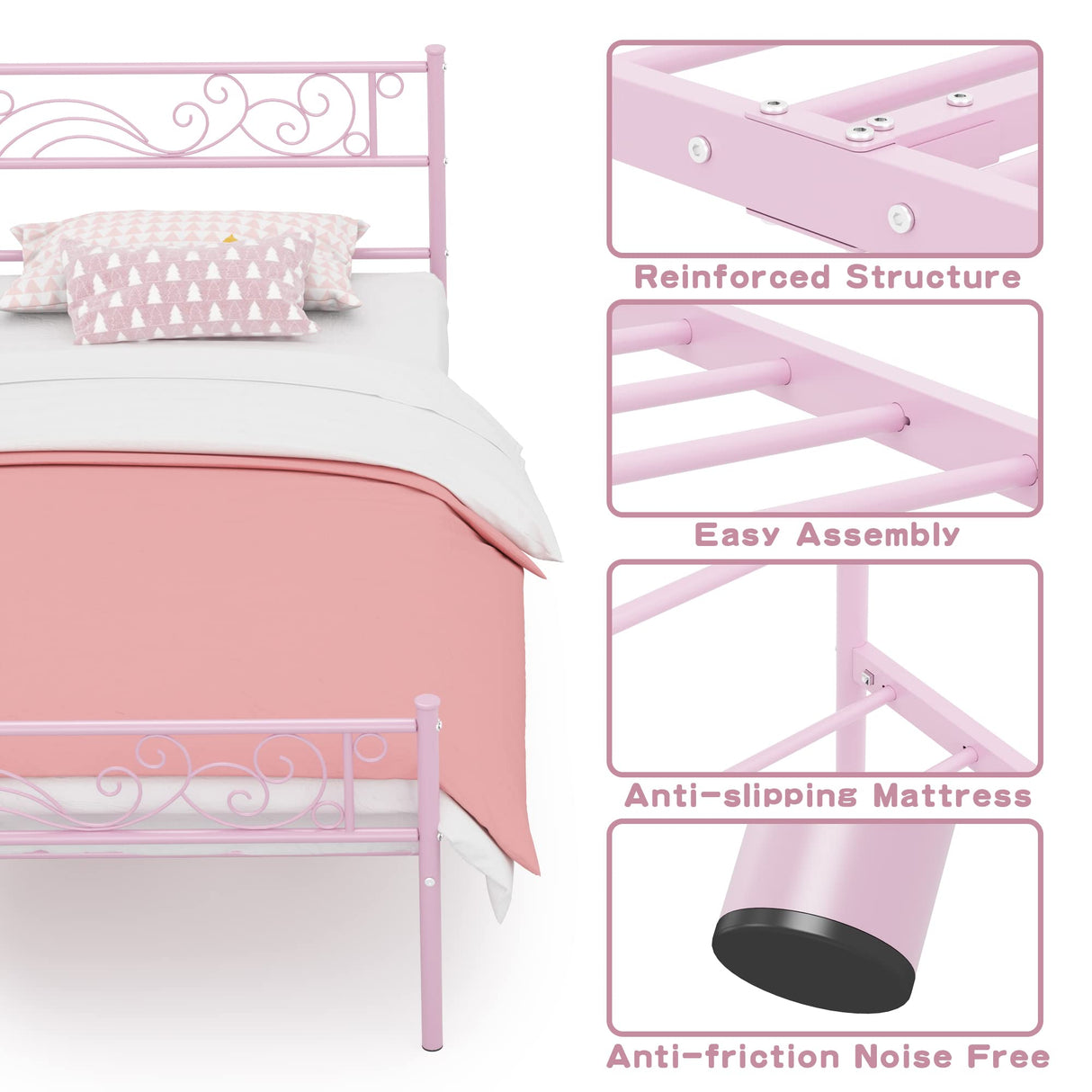 Weehom Metal Bed Frame Twin with Bed Storage,No Box Spring Needed,Heavy Duty Steel Slats Support for Boys Girls Teens Students Adults Pink Weehom
