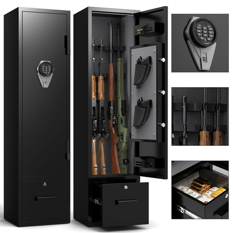 HEANVO 4-6 Gun Safe, Gun Cabinet for Home Rifle and Pistols, Quick Access Safes with LED Lights for Shotguns, Sturdy Anti-Theft Gun Safe with Bottom Drawer and Pistol Holder-Upgraded Digital Keypad HEANVO