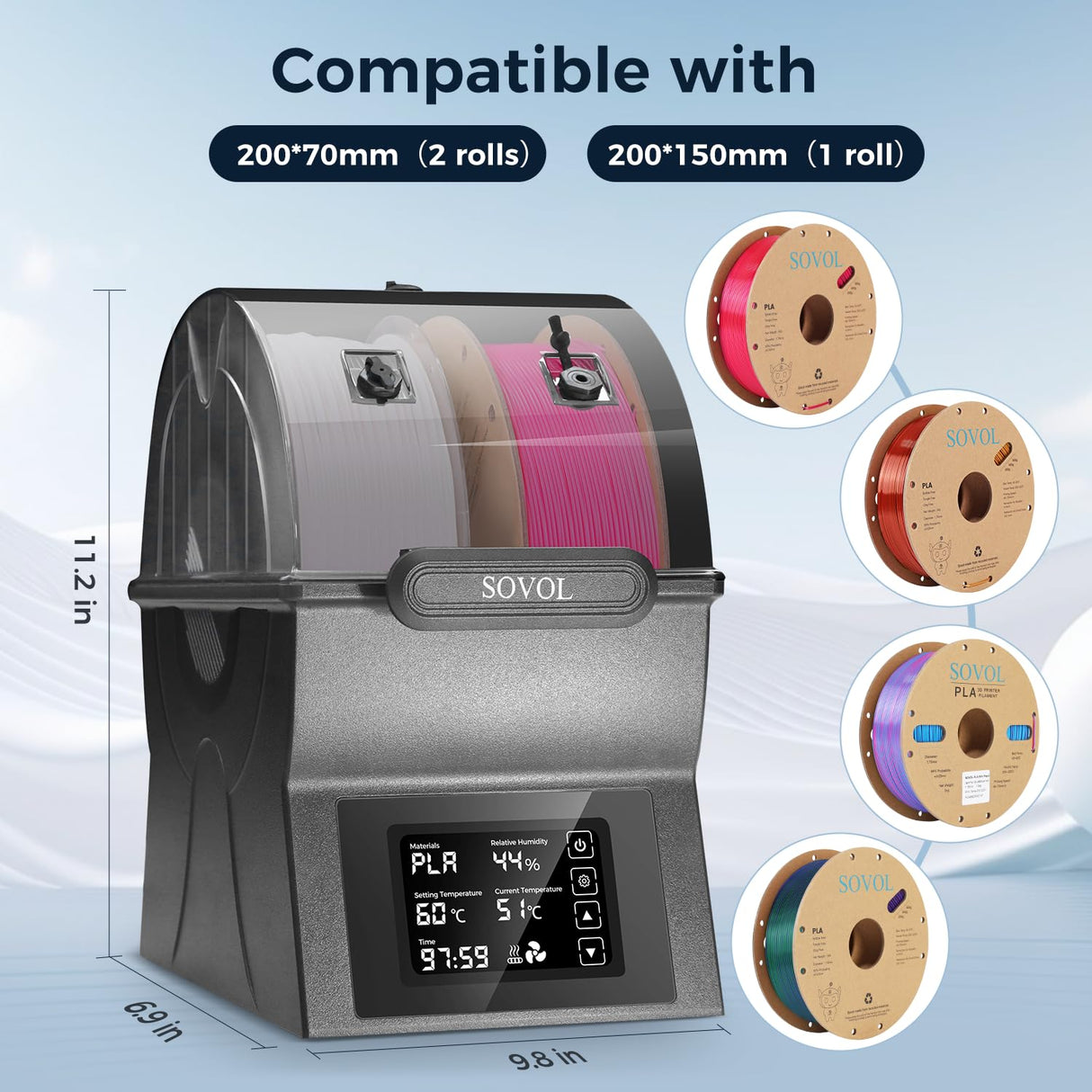 Sovol Filament Dryer, SH02 Dry Box Filament Sealed Storage Box 3D Printer Spool Holder with PTC Heater, Filament Dehydrator with Touch Screen, One Key Set, Compatible with PLA PETG TPU ABS 1.75/2.85mm Sovol