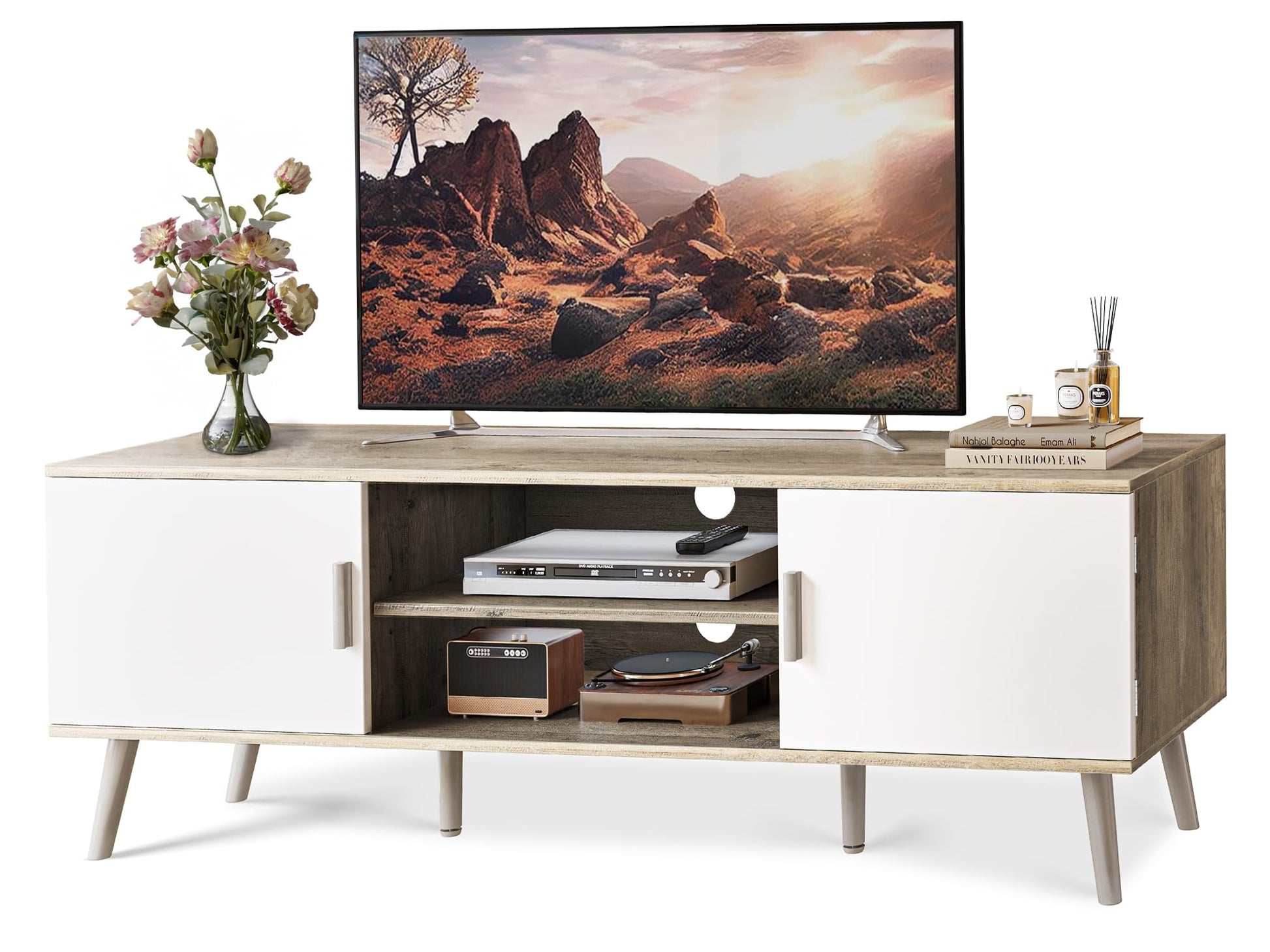 SUPERJARE TV Stand for 55 Inch TV, Entertainment Center with Adjustable Shelf, 2 Cabinets, TV Console Table, Media Console, Solid Wood Feet, Cord Holes, for Living Room, Bedroom, Gray and Whi - WoodArtSupply