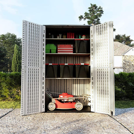 KINYING Outdoor Storage Shed Waterproof, Resin Vertical Storage Cabinet Double-Layered, Versatile to Store Patio Furniture, Garden Tools, Pool Accessories,Mower (66 Cu.ft,White) KINYING