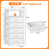 EnHomee Night Stand Set 2 with Charging Station, Tall Nightstand with 5 Drawers, LED Nightstands with USB Ports & Outlets, White Nightstand with Extra Side Bag & Hooks, Side Table, Dresser, Bedroom EnHomee