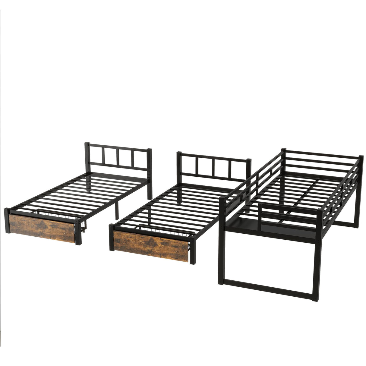 FULLJOJOR Triple Bunk Bed for Kids,Detachable TwinXL Over Twin Over Twin Metal Bunk Bed with Guardrails,Ladder & Storage,Converts to 3 Separate Beds,Easy to Assemble(3 Bunk Beds for Kids) FULLJOJOR