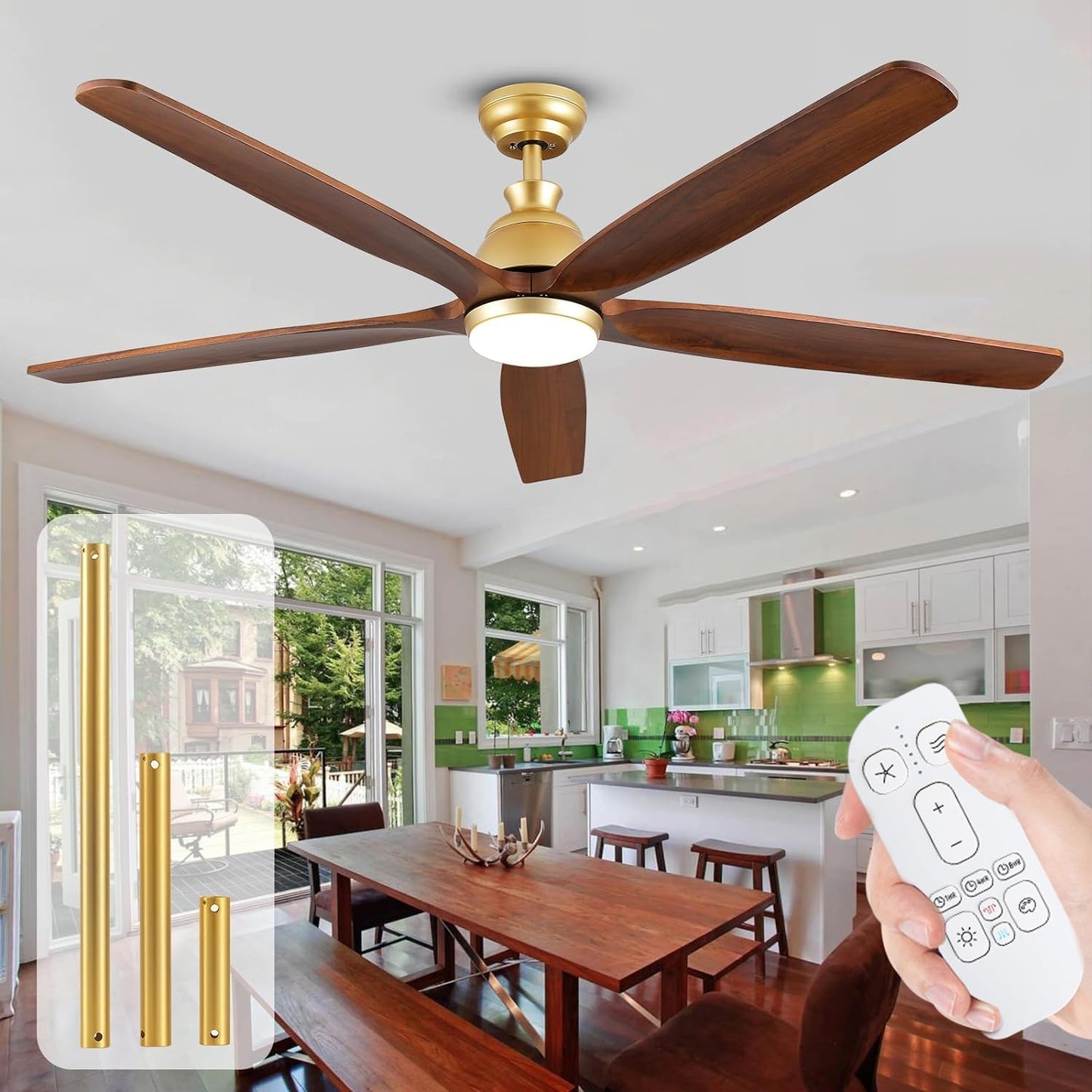 NWIASS 52 Inch Gold Ceiling Fan with Lights and Remote, Wood Ceiling Fan with Light 5 Blade Dimmable Quiet DC Motor, Farmhouse Propeller Ceiling Fans for Outdoor Patios Porch Gazebo Bedroom