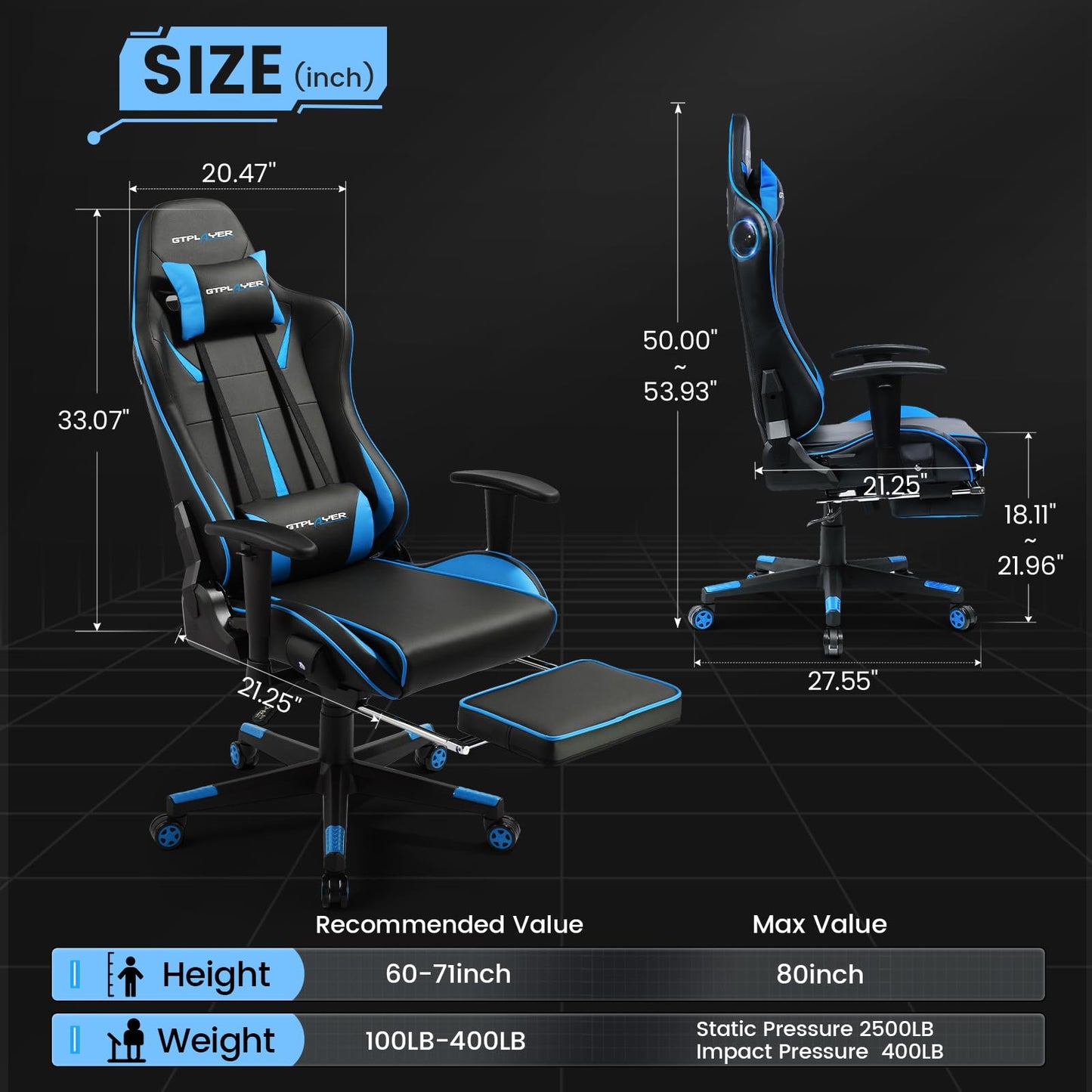 GTPLAYER Gaming Chair with Speakers Bluetooth, Ergonomic Office Desk Chair with Footrest & Lumbar Support, Height Adjustable Swivel Video Game Chair for Adults, 300lb Max (Blue)