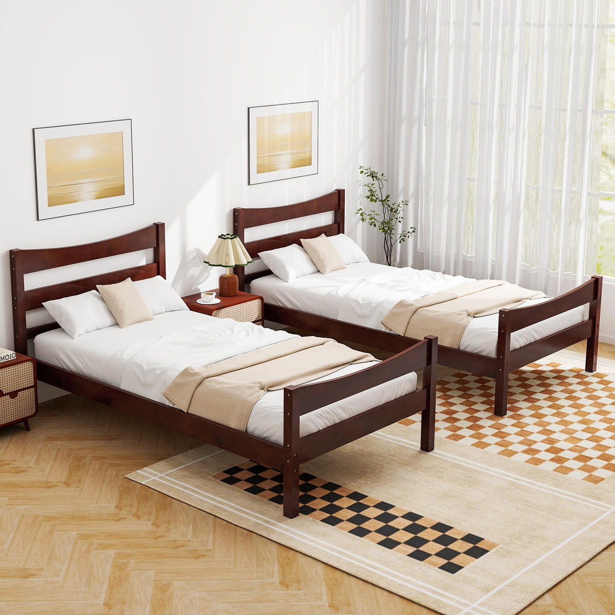 Giantex Wood Bed Frame Twin Size, Rustic Style Platform Bed w/Headboard & Footboard, Solid Wood Slat Support, No Box Spring Needed, Panel Bed Mattress Foundation for Kids (Walnut) Giantex