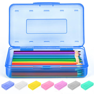 Sooez 1 Pack Clear Pencil Box, Large Plastic Pencil Case Crayon Box, Colored Hard Pencil Case Organizer, Maker Organizer with Lid, Small Art Craft Storage Containers Pen Box for for Boys School, Blue