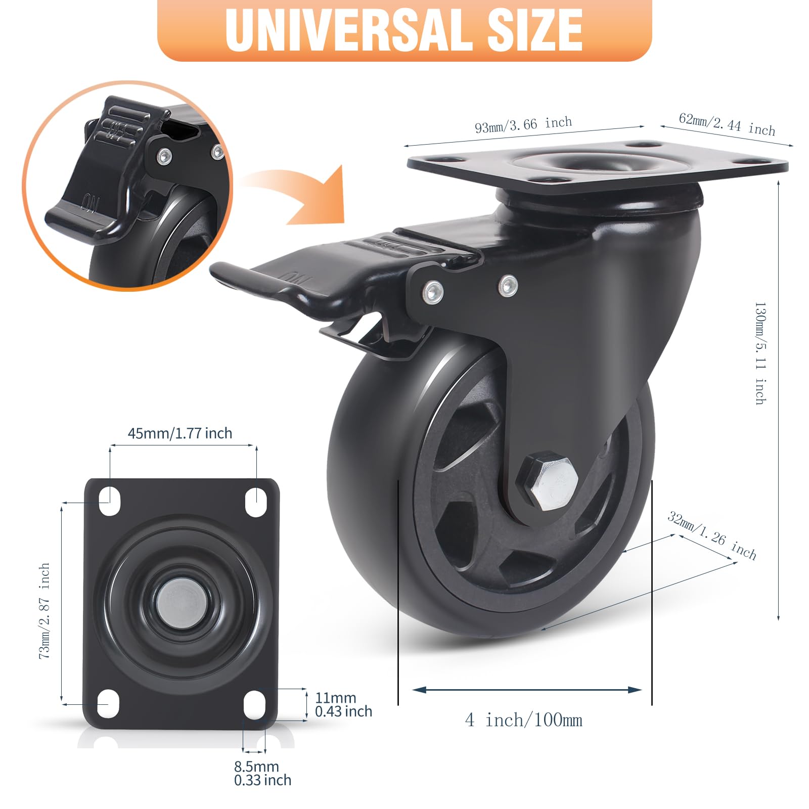 4 Inch Caster Wheels 2000lbs,Casters Set of 4,Heavy Duty Plate Casters with Double Ball Bearings,YAEMIKY Premium Polyurethane Swivel Caster Wheels for Cart,Furniture,Workbench（16pcs Screws In - WoodArtSupply