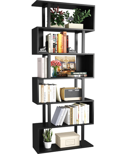Yusong S Shaped Bookshelf, Modern Geometric Bookcase, 6-Tier Black Display Case Book Shelf