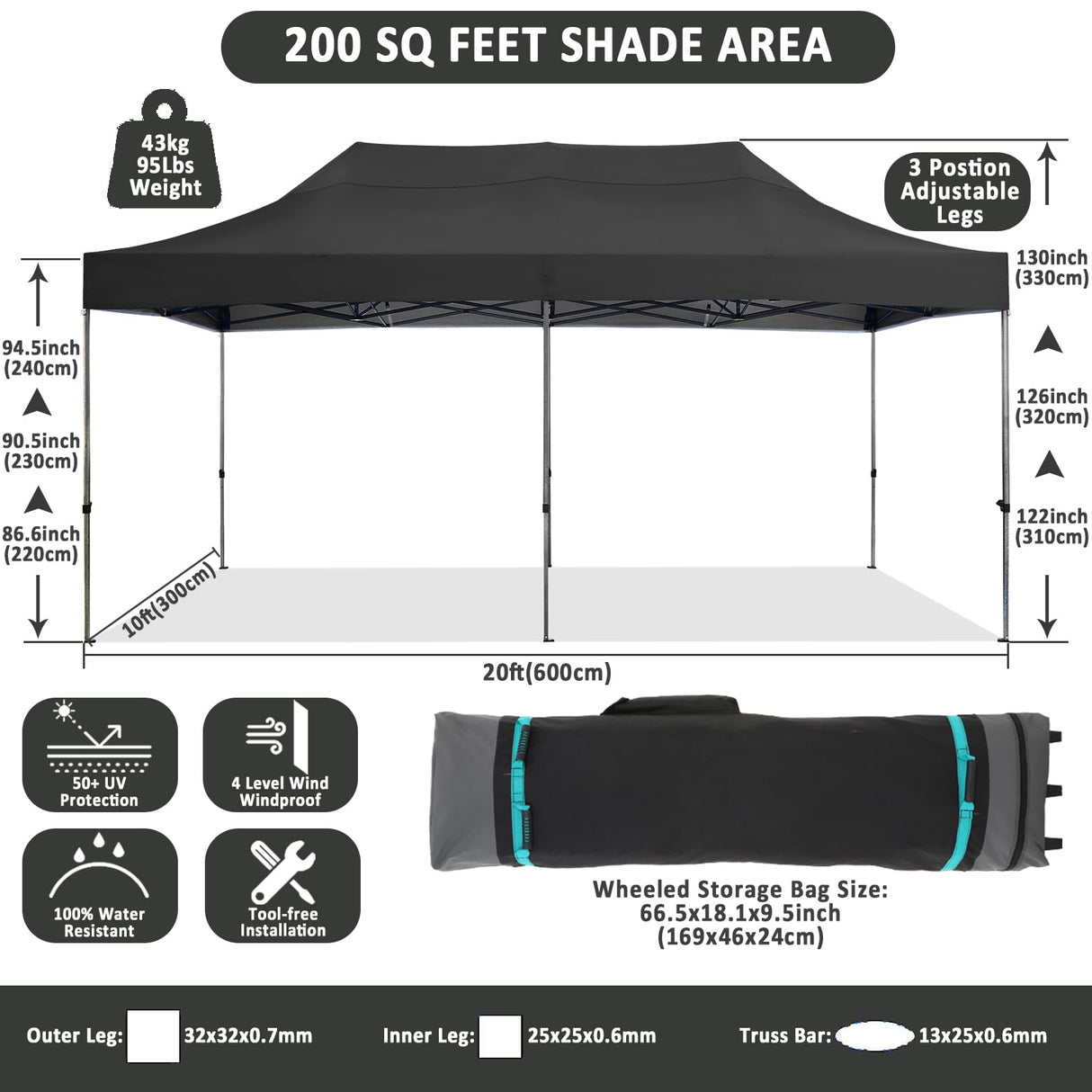 COBIZI 10x20 Pop Up Canopy Without Sidewall,Heavy Duty Canopy UPF 50+ All Season Wind Waterproof Commercial Outdoor Wedding Party Tents for Parties Canopy Gazebo with Roller Bag(10 x 20 ft Black) COBIZI