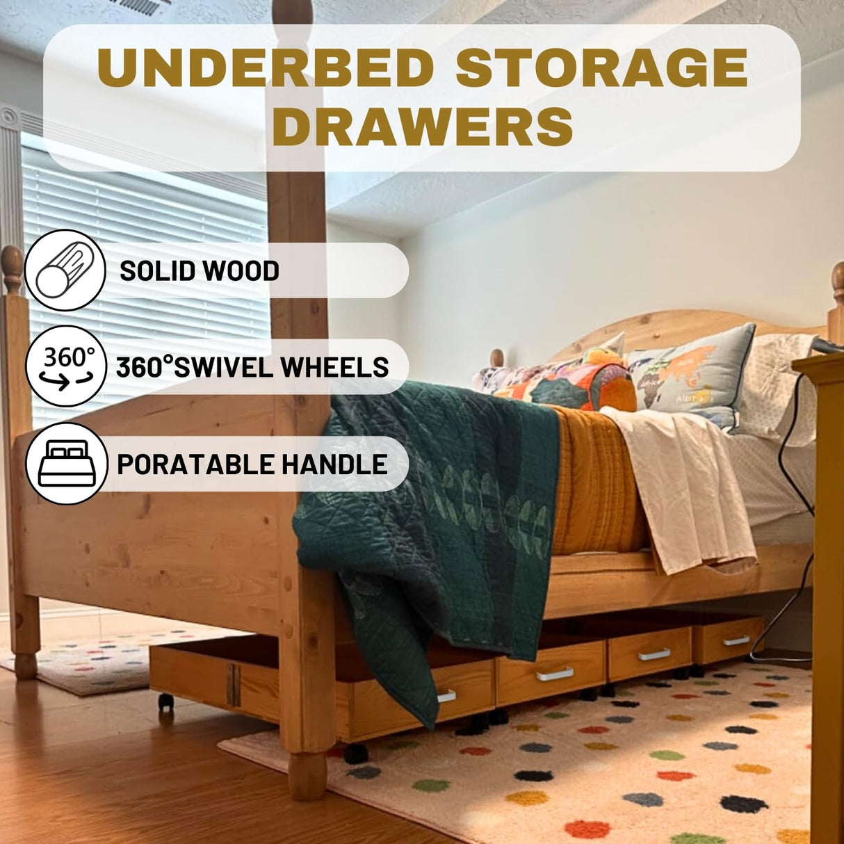 2-Pack Solid Wood Under Bed Storage with Wheels, Underbed Drawers Underneath with Handle - Wooden Crate Clothes Storage Containers Organizer (Light Brown) - Fits Any Size Bed Ofiray-home