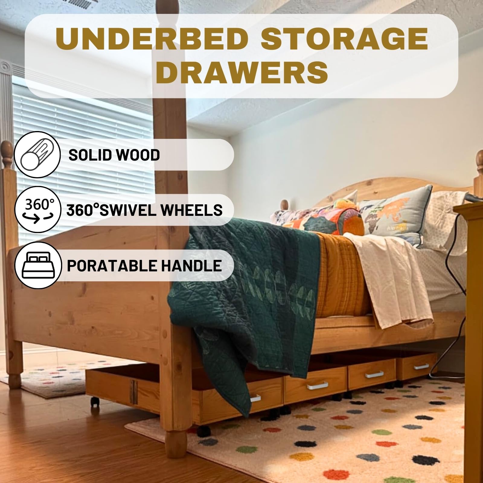 2-Pack Solid Wood Under Bed Storage with Wheels, Underbed Drawers Underneath with Handle - Wooden Crate Clothes Storage Containers Organizer (Light Brown) - Fits Any Size Bed - WoodArtSupply